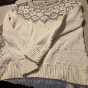 G.H. Bass & Co. Cream Crewneck Sweater with Gray and Light Yellow Pattern Medium